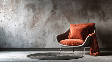 Modern minimalist armchair with orange velvet cushions and a blanket in front of a rustic gray concrete wall background with a woven rug on the floor.
