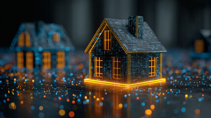 Futuristic digital house model representing smart home technology, real estate data, and internet of things security on a glowing bokeh background.