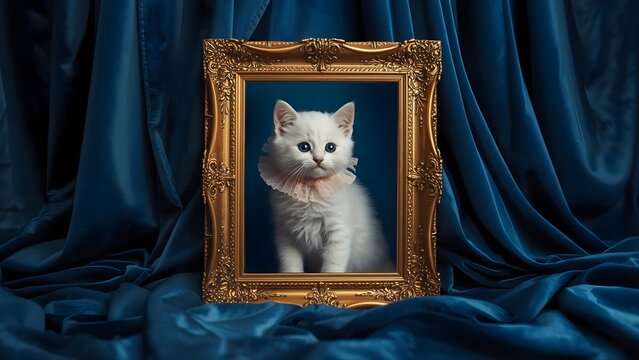 Elegant white cat portrait on dark blue fabric background, perfect for luxury interior, pet branding, and creative art.
