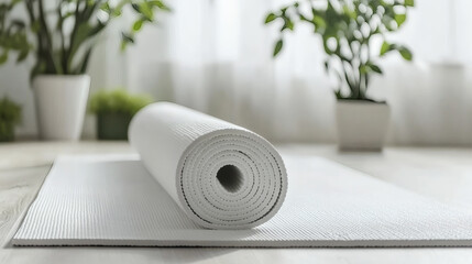 Rolled up white yoga mat partially unrolled on a light wooden floor with blurred green house plants in the background