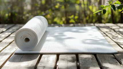 White yoga mat unrolled on a rustic wooden deck in a sunlit garden, perfect for outdoor meditation and fitness practice in a peaceful natural environment.
