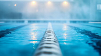 Professional indoor swimming pool with clear blue water and lane markers under a misty atmosphere with soft bokeh background lights for morning training