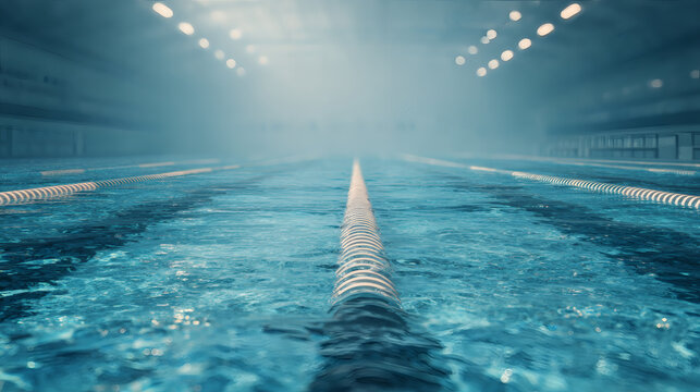 Empty Indoor Olympic Swimming Pool with Blue Water and Misty Atmosphere featuring Lane Dividers and Bright Overhead Lighting for Professional Sports Training and Competition