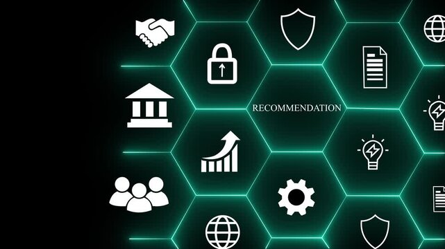 Recommendations and business solutions concept. Businessman interacting with a digital interface displaying various business icons, emphasizing recommendations and strategic planning. 4k