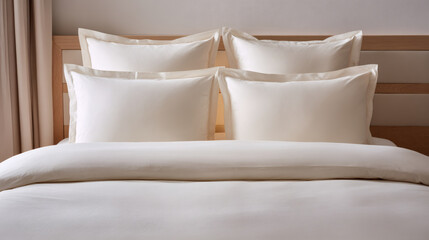 Elegant minimalist bedroom interior featuring a comfortable bed with crisp white pillows and soft cream duvet set against a light wood headboard in a contemporary home or luxury hotel room.