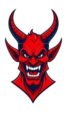 Red devil head with menacing grin and large horns, set against a white backdrop