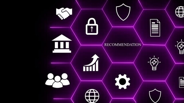 Recommendations and business solutions concept. Businessman interacting with a digital interface displaying various business icons, emphasizing recommendations and strategic planning. 4k