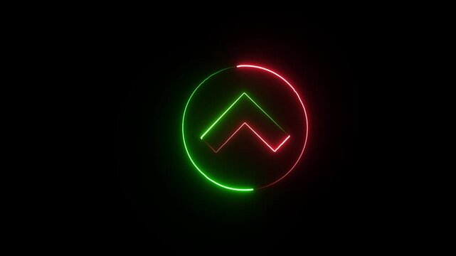A vibrant neon circle features an upward pointing arrow split between glowing red and green hues on a black background high quality professional
