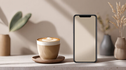 Minimalist mockup scene with blank screen smartphone next to a cup of latte art coffee on stone surface with beige background and dried plants