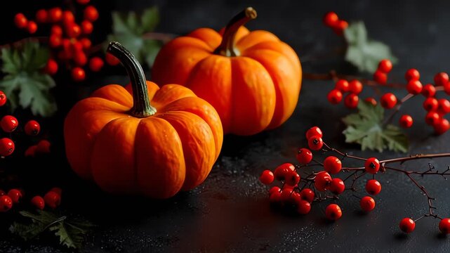Small pumpkins with red berries fall.