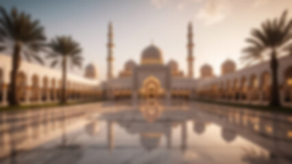 Fototapeta premium Blur background of spacious mosque courtyard styled for a Ramadan lifestyle campaign with coordinated lantern lines and symmetrical palm trees framing the scene, pristine marble tiles reflecting warm.