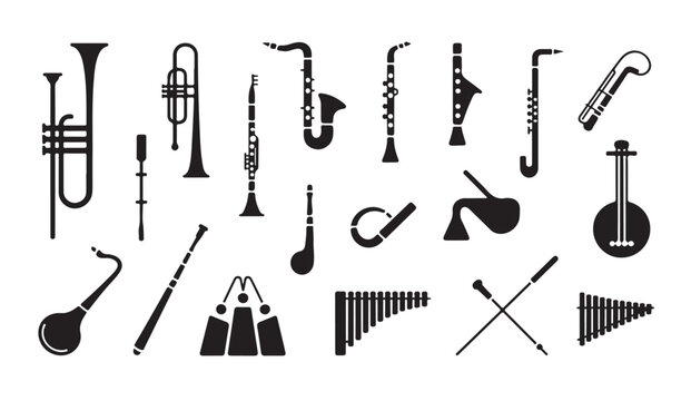 Musical instruments icon set on white background. wind instruments, percussion, string instruments