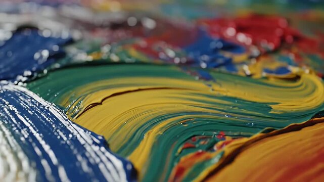 Close-up of thick, glossy paint strokes in bold blues, greens, yellows, and reds