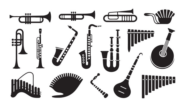 Musical instruments icon set on white background. wind instruments, percussion, string instruments