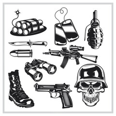 Obraz premium Assorted black and white illustrations of weapons, ammunition, and military gear