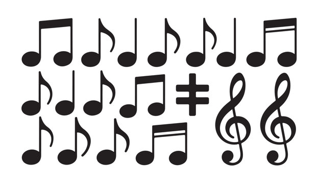 Music symbols and notes set containing treble clefs eighth notes and sixteenth note variations