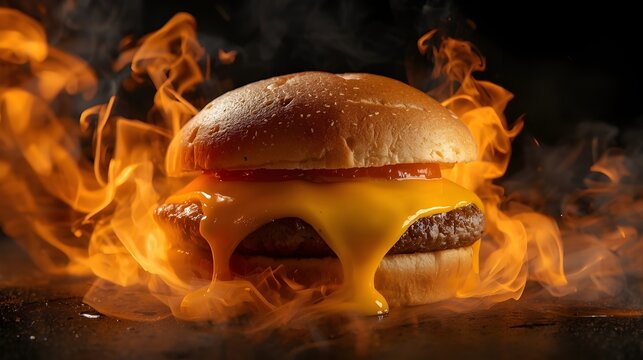 cheeseburger with gooey melting cheddar cheese with fire background.