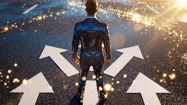 A businessman stands at a crossroads with multiple paths ahead, contemplating his next step on a sparkling road.