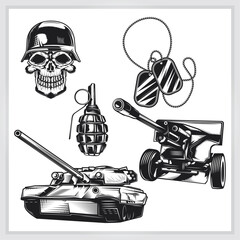 Obraz premium Dark illustration featuring military and war-themed icons and symbols.