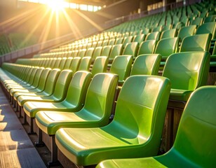 Fototapeta premium Empty stadium green seats bathed in sunlight