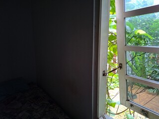 Naklejka premium Open Window with Green Plants and Natural Light from Garden