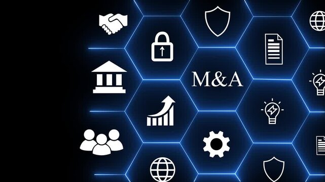 Business mergers and acquisitions concept. Share acquisition, asset business acquisition, amalgamation. Business review and development model. The abbreviation M and A on smart background, copy space