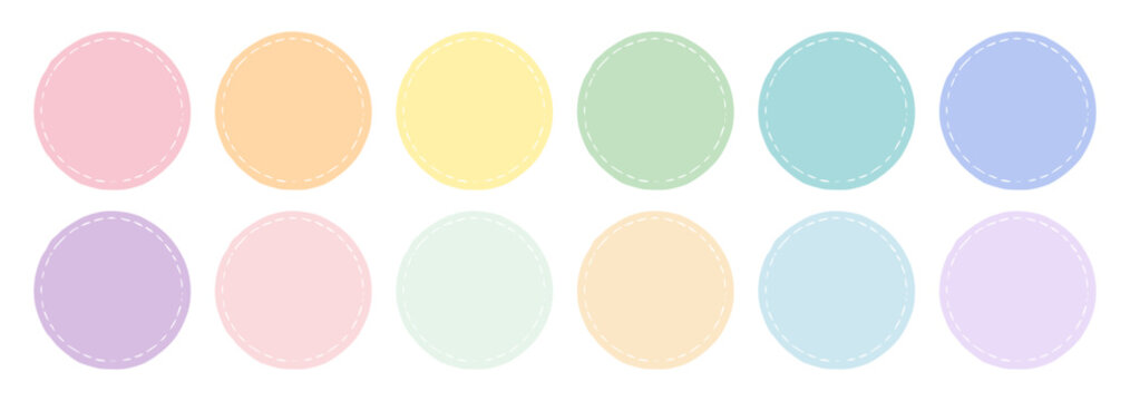 Fresh Spring color palette with 12 soft circular swatches. Uplifting pastel pink, mint, lemon, and lilac tones with dashed borders for seasonal branding, floral design, and digital planners.