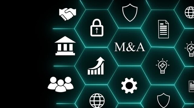 Business mergers and acquisitions concept. Share acquisition, asset business acquisition, amalgamation. Business review and development model. The abbreviation M and A on smart background, copy space