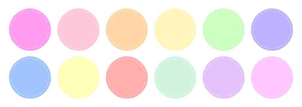 Sweet candy kawaii color palette with 12 circular swatches. Vibrant bubblegum pink, lemon, mint, and grape tones with dashed borders for confectionery branding, stickers, and digital planners.