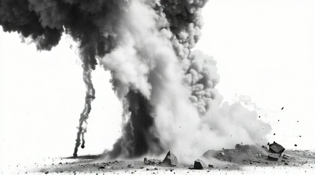 Explosion with smoke and debris on a neutral background viewed from the front