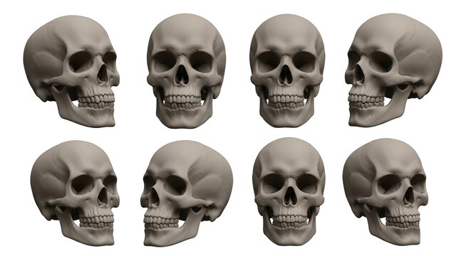 eight anatomical skulls in different perspectives against a white backdrop for scientific illustrations or educational resources