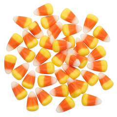 Assorted colorful candy corn pieces scattered in a circular pattern isolated on transparent background
