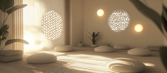 Sunlit Zen Room Meditation Cushions, Plants, Wall Decor