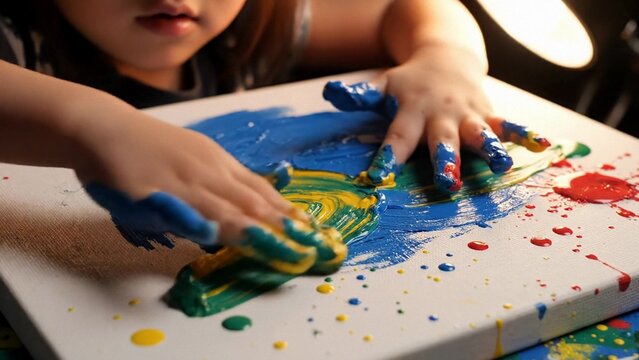 Young girl finger painting on canvas, messy acrylic colors and playful creativity, close view of hands in blue paint, arts education and summer camp activity