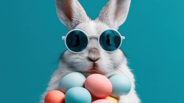 Trendy rabbit wearing sunglasses holding colorful easter eggs.
