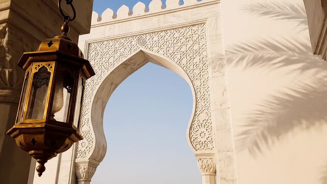Ornate golden lantern hanging beside a beautifully carved white archway with palm leaf shadows under a clear blue sky.