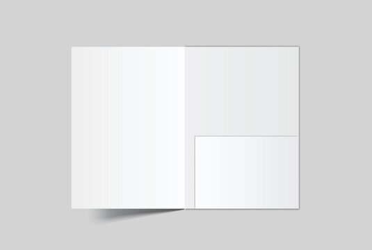 A4 Size paper folder mockup with bi fold design and pocket on isolated on background.Blank folded paper, open leaflet template for print layout, brochure, presentation document, flyer, catalogue, ads