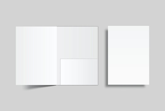 A4 Size paper folder mockup bi fold design and paper with pocket on isolated on background.Blank folded paper, open leaflet template for print layout, brochure, presentation document, flyer, catalogue