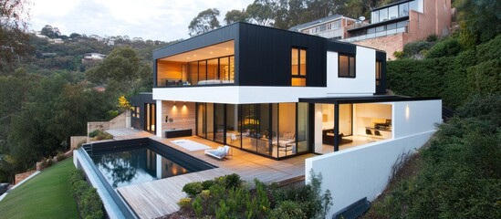 Modern hilltop house with pool overlooking valley