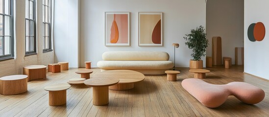 Modern furniture showroom minimalist sofa, wooden coffee tables, and organic forms against abstract art