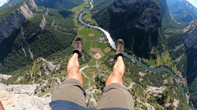 Point of view base jumping off mountain cliff with legs hanging in air