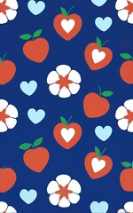 Cute cartoon hearts and flowers on navy background, playful pastel design.