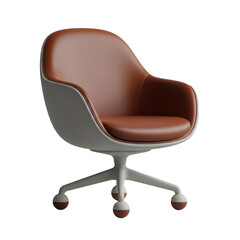 Modern brown leather office chair with wheels isolated on transparent background