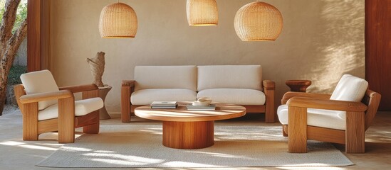 Outdoor wooden lounge set on patio, sunny day
