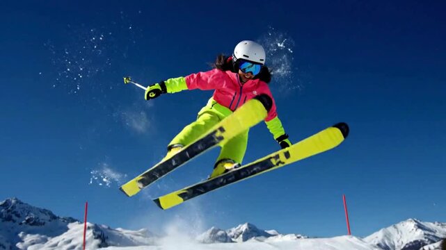 Young girl skiing down snowy mountain performing aerial trick slow motion