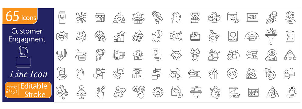 Customer engagement icons set, client interaction, user experience, loyalty program, feedback, communication, relationship management, marketing strategy, editable stroke vector Illustration