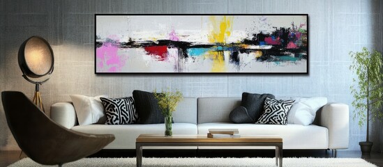 Colorful abstract painting on wall in modern living room