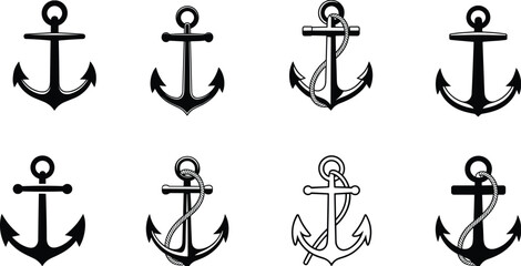 Anchor silhouette vector set with rope details, nautical maritime symbols collection, marine design icons isolated on white background