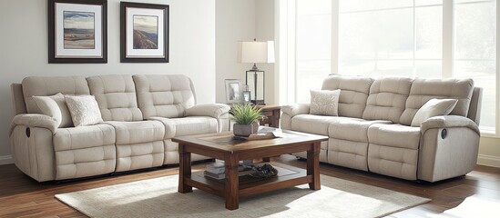 Beige reclining sofa set in a living room with coffee table