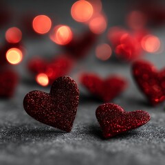 Obraz premium A romantic arrangement of red glitter hearts on a gray surface with bokeh lights in the background.